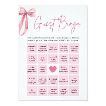 Pink Bow Find The Guest Bingo Bridal Shower Game Invitation Front View