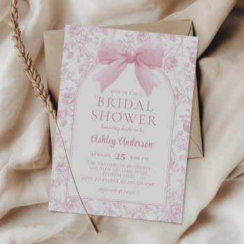 pink bow floral toile bridal shower invitation