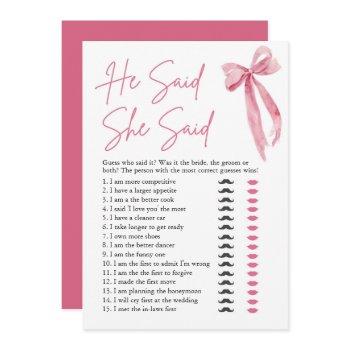 pink bow he said she said bridal shower game invitation