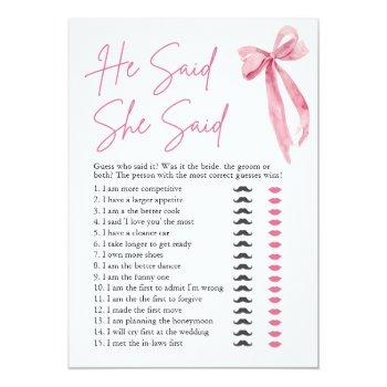 Pink Bow He Said She Said Bridal Shower Game Invitation Front View