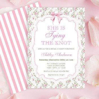 pink bow she's tying the knot bridal shower invitation