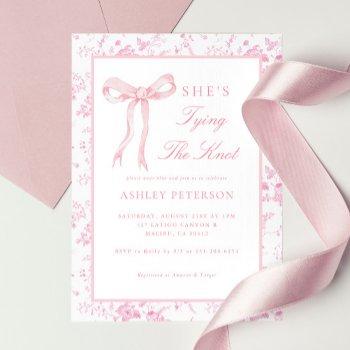 pink bow toile she's tying the knot bridal shower invitation