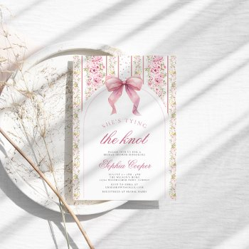 pink bow tying the knot vintage bridal shower invitation