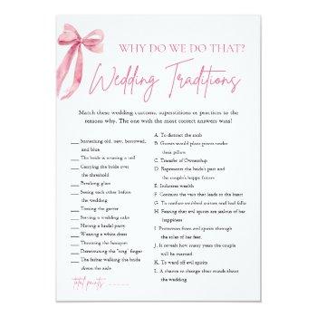 Pink Bow Wedding Traditions Bridal Shower Game Invitation Front View