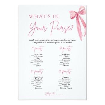 Pink Bow What's In Your Purse Bridal Shower Game Invitation Front View