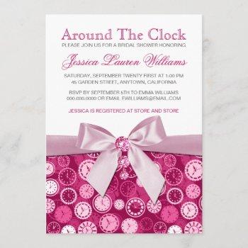 pink bridal shower around the clock theme invites