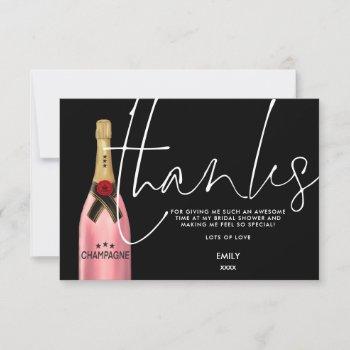 pink champagne bottle script black bridal shower t thank you card