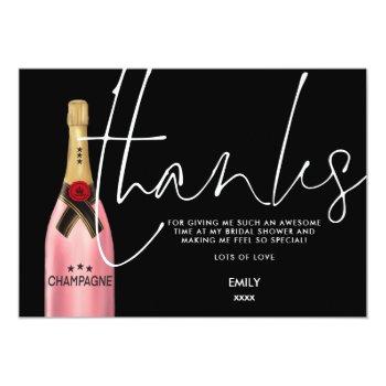 Pink Champagne Bottle Script Black Bridal Shower T Thank You Card Front View