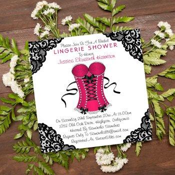 pink corset & black lace lingerie shower invitation