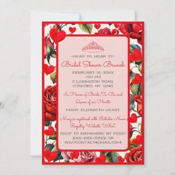 pink crown & roses queen of hearts bridal shower invitation