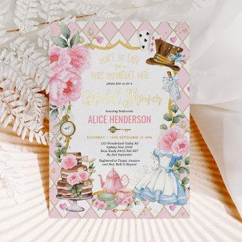 pink floral alice in wonderland bridal shower tea foil invitation