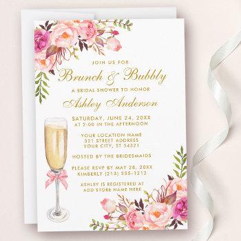 pink floral bridal shower brunch bubbly gold invitation
