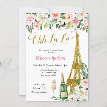 pink floral eiffel paris bridal shower invitation