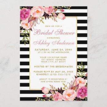 pink floral gold striped bridal shower invite p