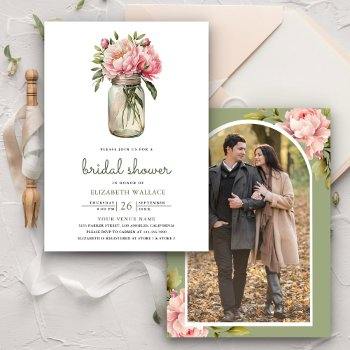 pink floral mason jar photo bridal shower invitation