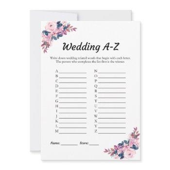 pink floral wedding a-z bridal shower game card