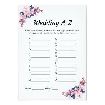 Pink Floral Wedding A-z Bridal Shower Game Card Front View