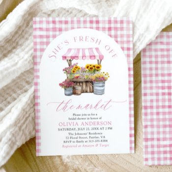 pink fresh off the market arch bridal shower invitation