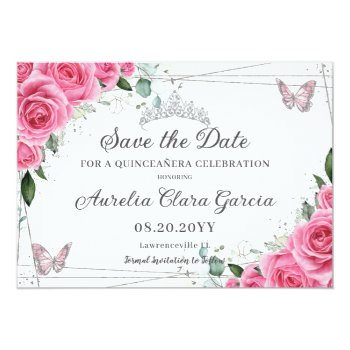 Pink Fuchsia Floral Silver Quinceanera Xv Sweet 16 Save The Date Front View