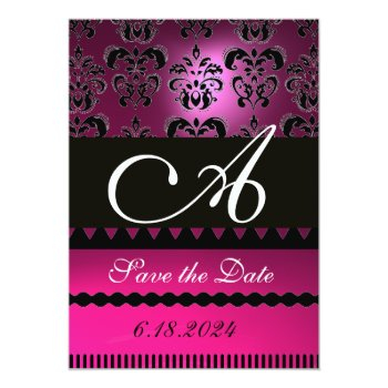 Pink Fuchsia Purple Damask Monogram Black Save The Date Front View
