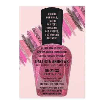 pink glitter nail polish spa day bridal shower invitation