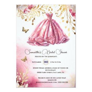 Pink Gold Bride To Be Ballgown Luxury Dress Floral Invitation Front View