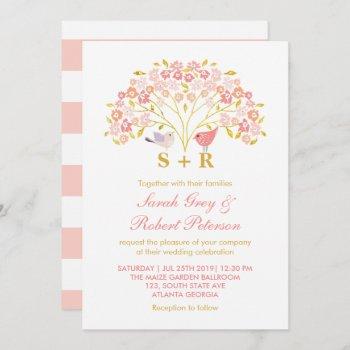 pink gold floral love bird wedding invitation