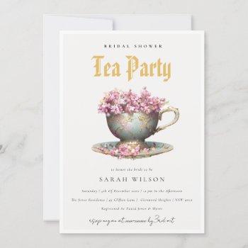 pink gold floral teacup bridal shower tea party  invitation