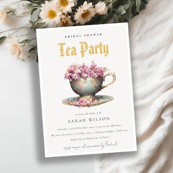 pink gold floral teacup bridal shower tea party  invitation