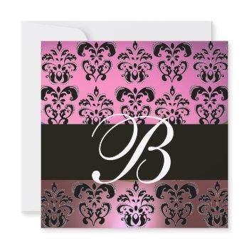 pink lavender black,purple damask monogram ,white invitation