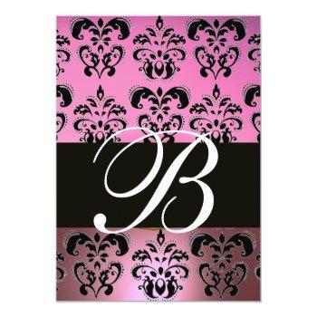Pink Lavender Black,purple Damask Monogram ,white Invitation Front View