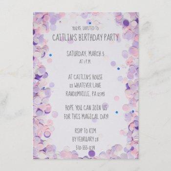 pink & lavender confetti girls birthday party invitation