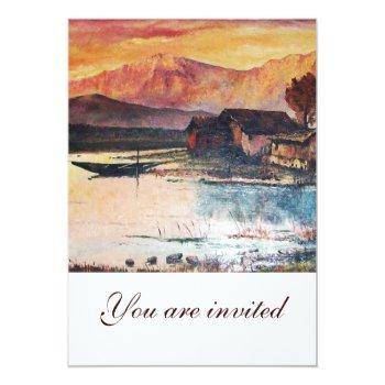 Pink Mountains Lake Alpine Sunset Landscape Invitation Front View