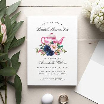 pink navy floral bridal shower tea invitation