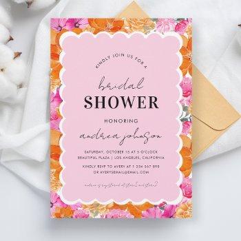 pink & orange watercolor floral wavy bridal shower invitation