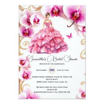 Pink Orchid Ballgown Floral Flowers Bride To Be Invitation Front View