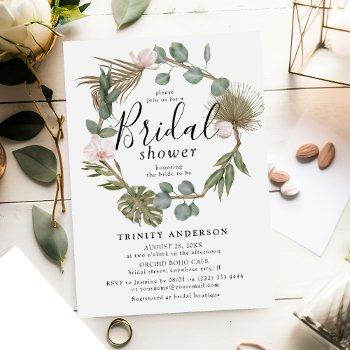 pink orchid & boho dry leaves wreath bridal shower invitation