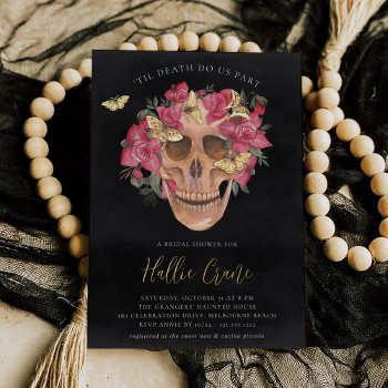 Pink Orchid Floral Skull Halloween Bridal Shower Foil Invitation Front View