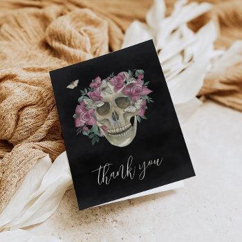 pink orchid floral skull thank you card