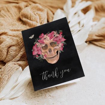 pink orchid floral skull thank you card