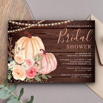 pink peach pumpkin floral barn wood bridal shower invitation