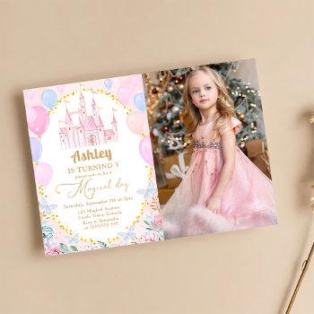 pink princess castle girl birthday party photo invitation