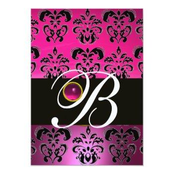 Pink Purple Black Damask Monogram Amethyst Fuchsia Invitation Front View