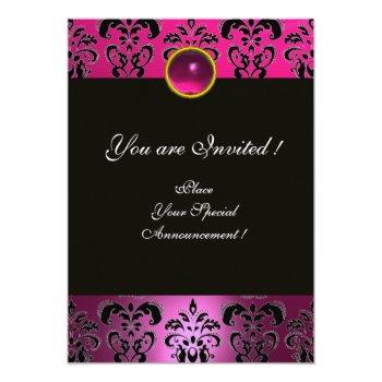 Pink Purple Black Damask Monogram Amethyst Fuchsia Invitation Front View