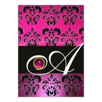 Pink Purple Black Damask Monogram Amethyst Fuchsia Invitation Front View