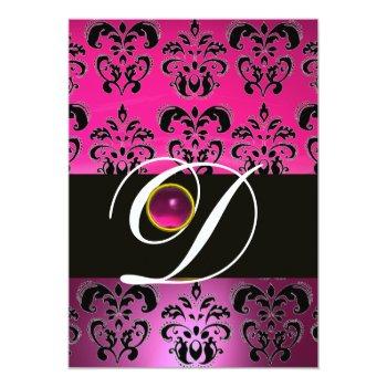 Pink Purple Black Damask Monogram Amethyst Fuchsia Invitation Front View