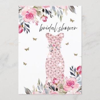 pink rose gold wedding gown floral bridal shower invitation