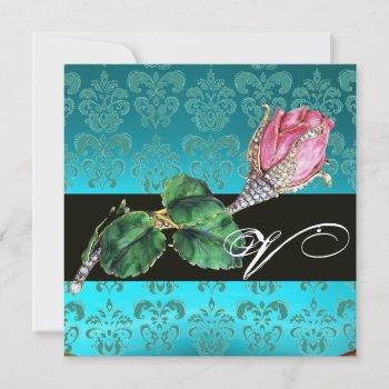 pink rosebud diamond jewel , blue damask monogram invitation