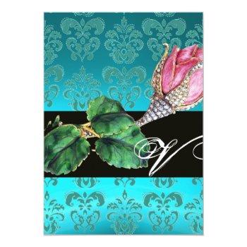 Pink Rosebud Diamond Jewel , Blue Damask Monogram Invitation Front View