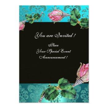 Pink Rosebud Diamond Jewel , Blue Damask Monogram Invitation Front View